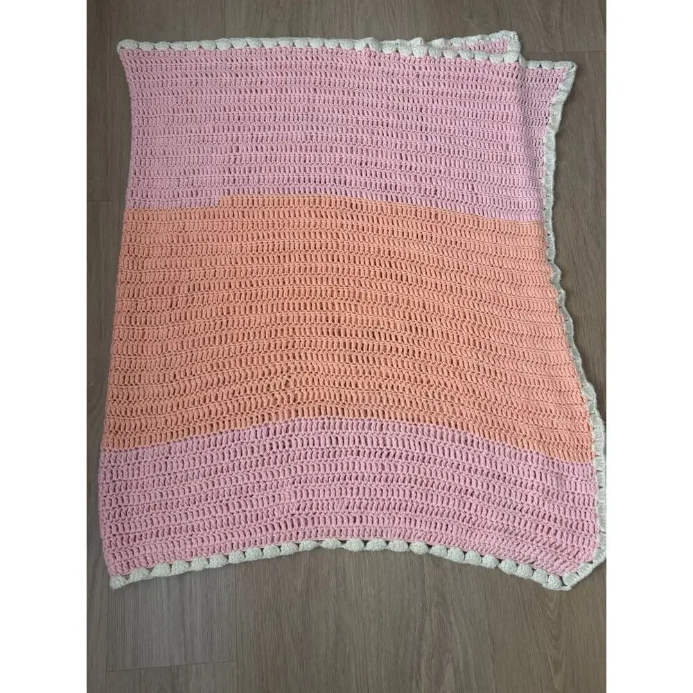 Handmade Pink~Peach~Ivory Crochet Knit Baby Blanket Quilt 64”x33”
